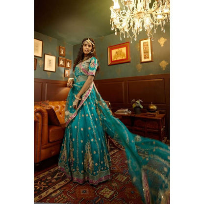 PRATIBHA SULTANIA Blue Fully Hand Lehenga with Pink Patchwork Borders (Set of 3)