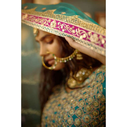 PRATIBHA SULTANIA Blue Fully Hand Lehenga with Pink Patchwork Borders (Set of 3)