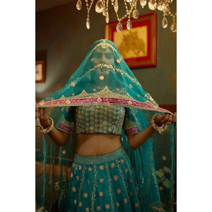 PRATIBHA SULTANIA Blue Fully Hand Lehenga with Pink Patchwork Borders (Set of 3)
