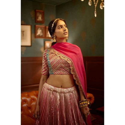 PRATIBHA SULTANIA Pink Panelled Gota Linesand Hand Blouse with Lehenga & Dupatta (Set of 3)