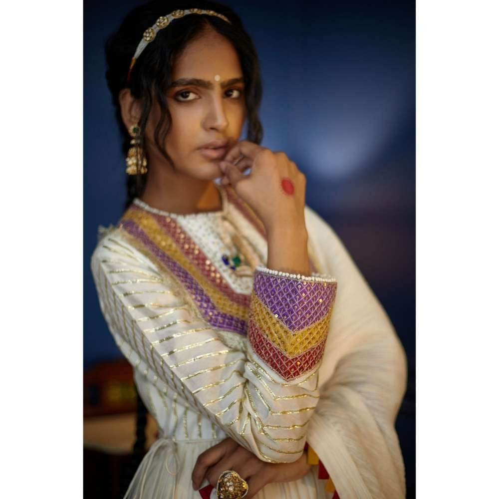 PRATIBHA SULTANIA White Yoke Anarkali Suit Dupatta & Lycra Churidar (Set of 3)