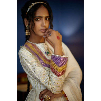 PRATIBHA SULTANIA White Yoke Anarkali Suit Dupatta & Lycra Churidar (Set of 3)