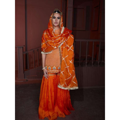 PRATIBHA SULTANIA Orange Jali Kurta with Sharara & Bordered Organza Dupatta (Set of 3)