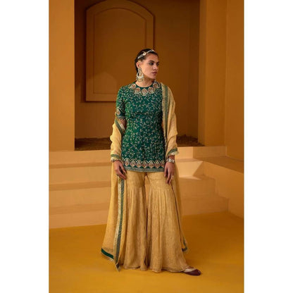 PRATIBHA SULTANIA Organza Hand Embellished Kurti with Tissue Sharara & Dupatta (Set of 3)