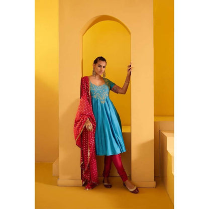PRATIBHA SULTANIA Blue Peacock Neck Anarkali Kurta with Churidar & Dupatta (Set of 3)