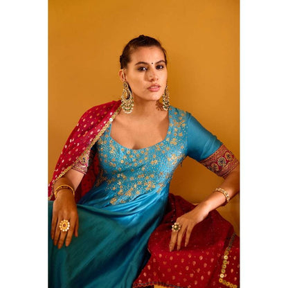 PRATIBHA SULTANIA Blue Peacock Neck Anarkali Kurta with Churidar & Dupatta (Set of 3)
