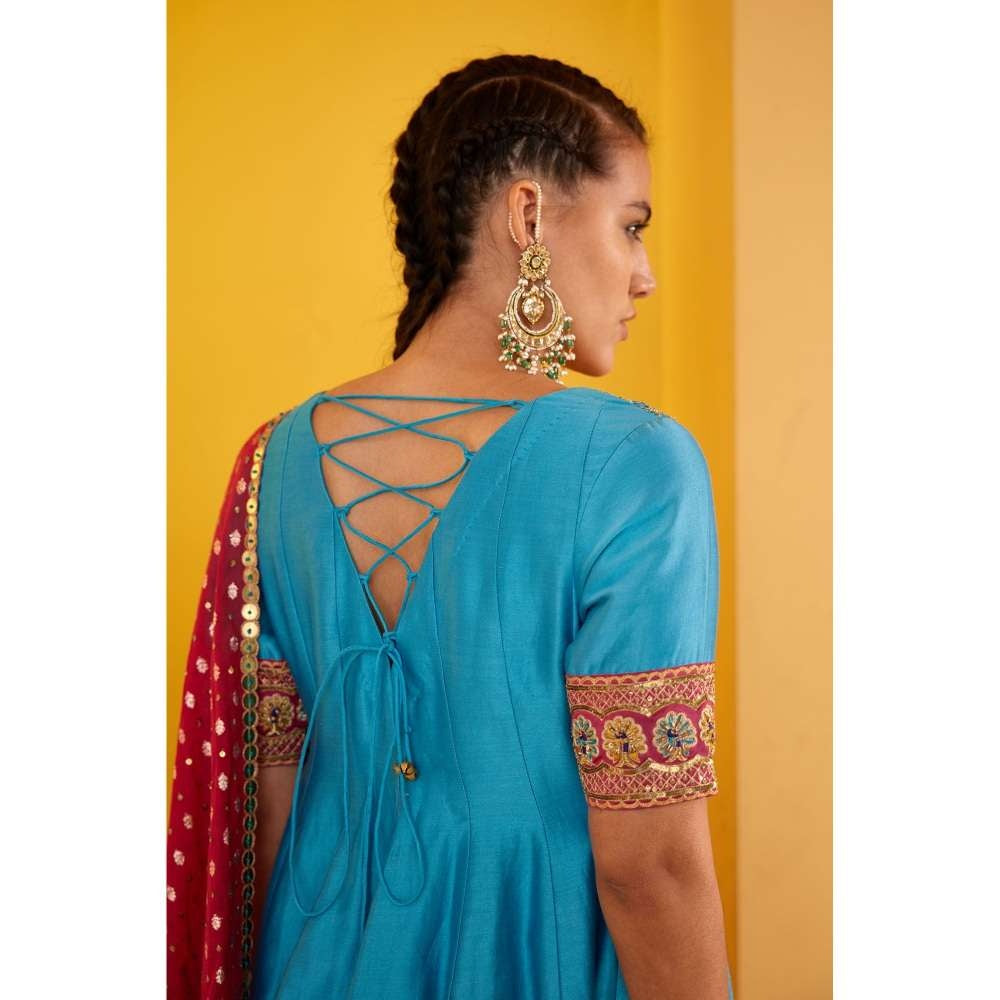 PRATIBHA SULTANIA Blue Peacock Neck Anarkali Kurta with Churidar & Dupatta (Set of 3)