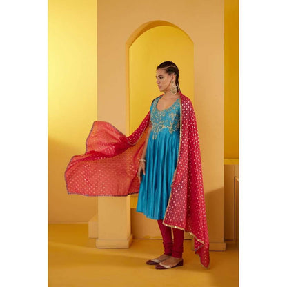 PRATIBHA SULTANIA Blue Peacock Neck Anarkali Kurta with Churidar & Dupatta (Set of 3)
