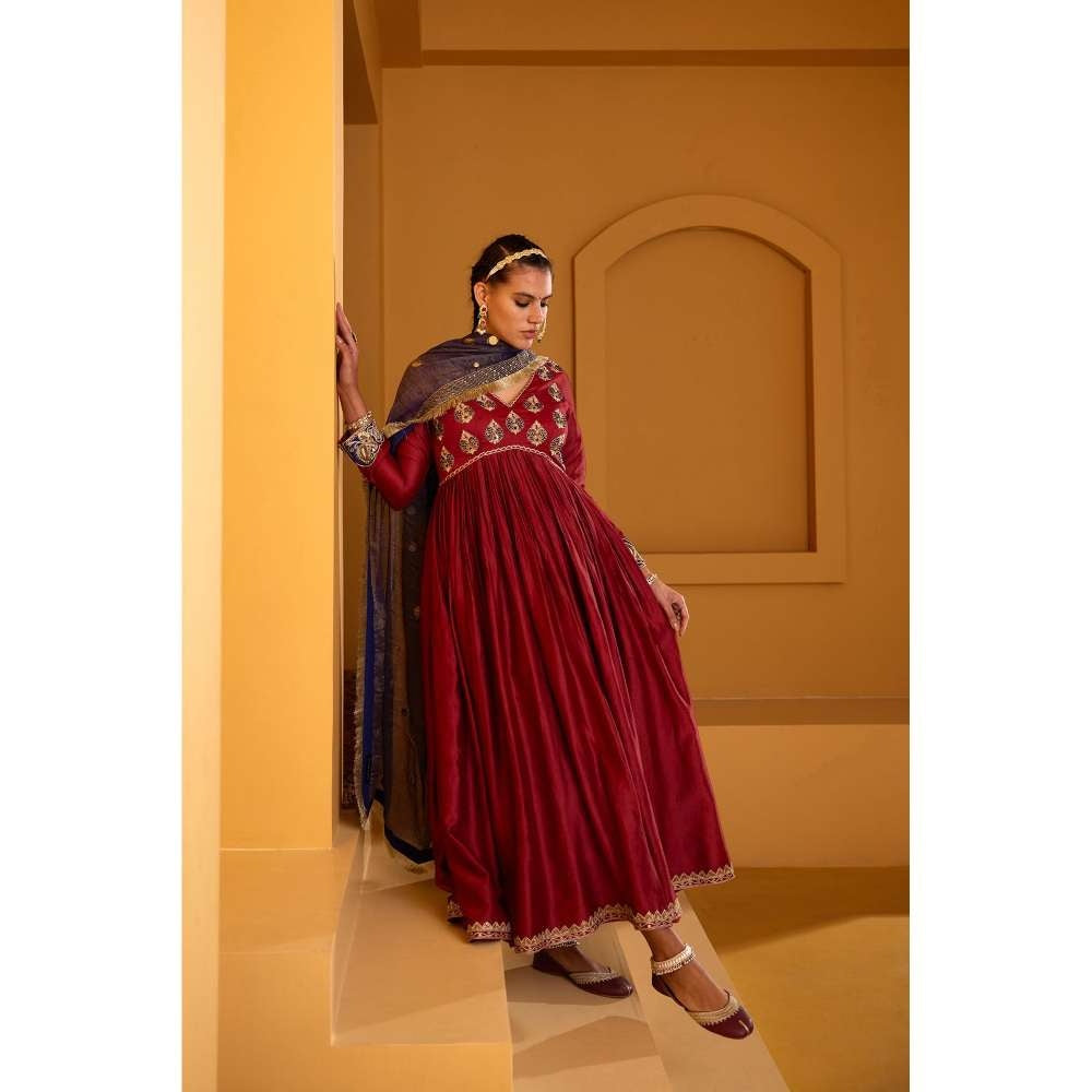 PRATIBHA SULTANIA Maroon Embellished Neck Anarkali Kurta with Pant & Dupatta (Set of 3)