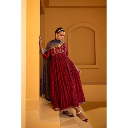 PRATIBHA SULTANIA Maroon Embellished Neck Anarkali Kurta with Pant & Dupatta (Set of 3)