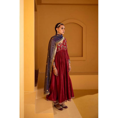 PRATIBHA SULTANIA Maroon Embellished Neck Anarkali Kurta with Pant & Dupatta (Set of 3)