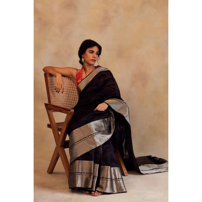 PRIYANKA RAAJIV Advika Black Chanderi Saree without Blouse with Unstitched Blouse