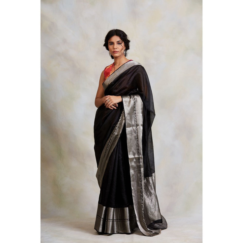 PRIYANKA RAAJIV Advika Black Chanderi Saree without Blouse with Unstitched Blouse