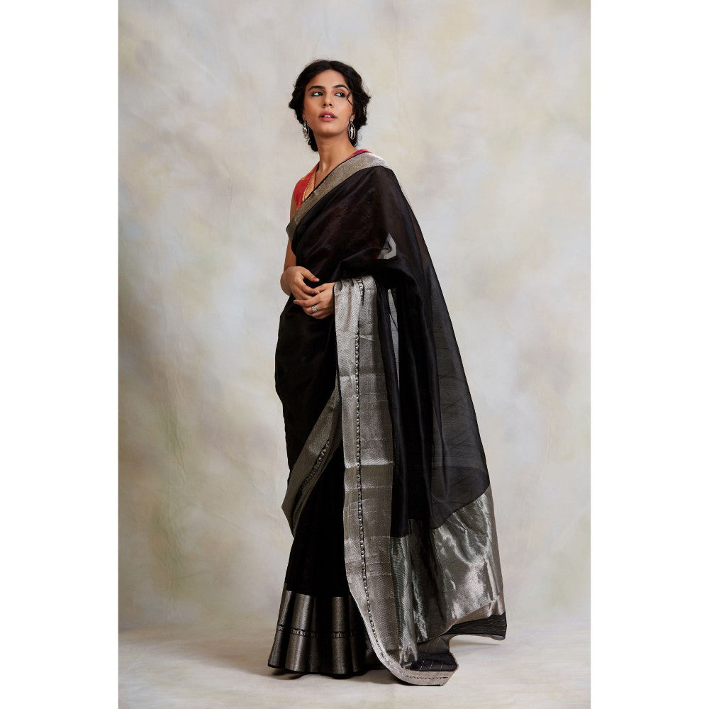 PRIYANKA RAAJIV Advika Black Chanderi Saree without Blouse with Unstitched Blouse
