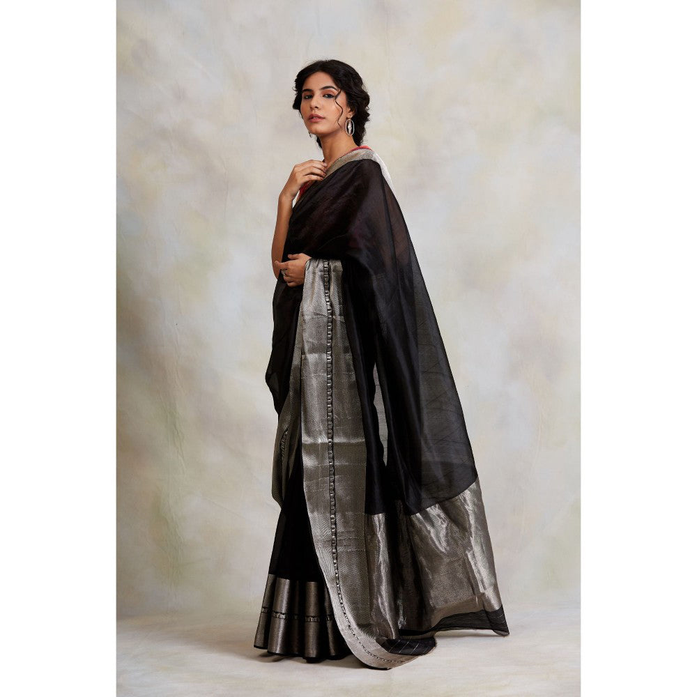 PRIYANKA RAAJIV Advika Black Chanderi Saree without Blouse with Unstitched Blouse