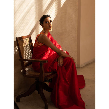 PRIYANKA RAAJIV Kaiya Red Silk Chanderi Saree with Unstitched Blouse