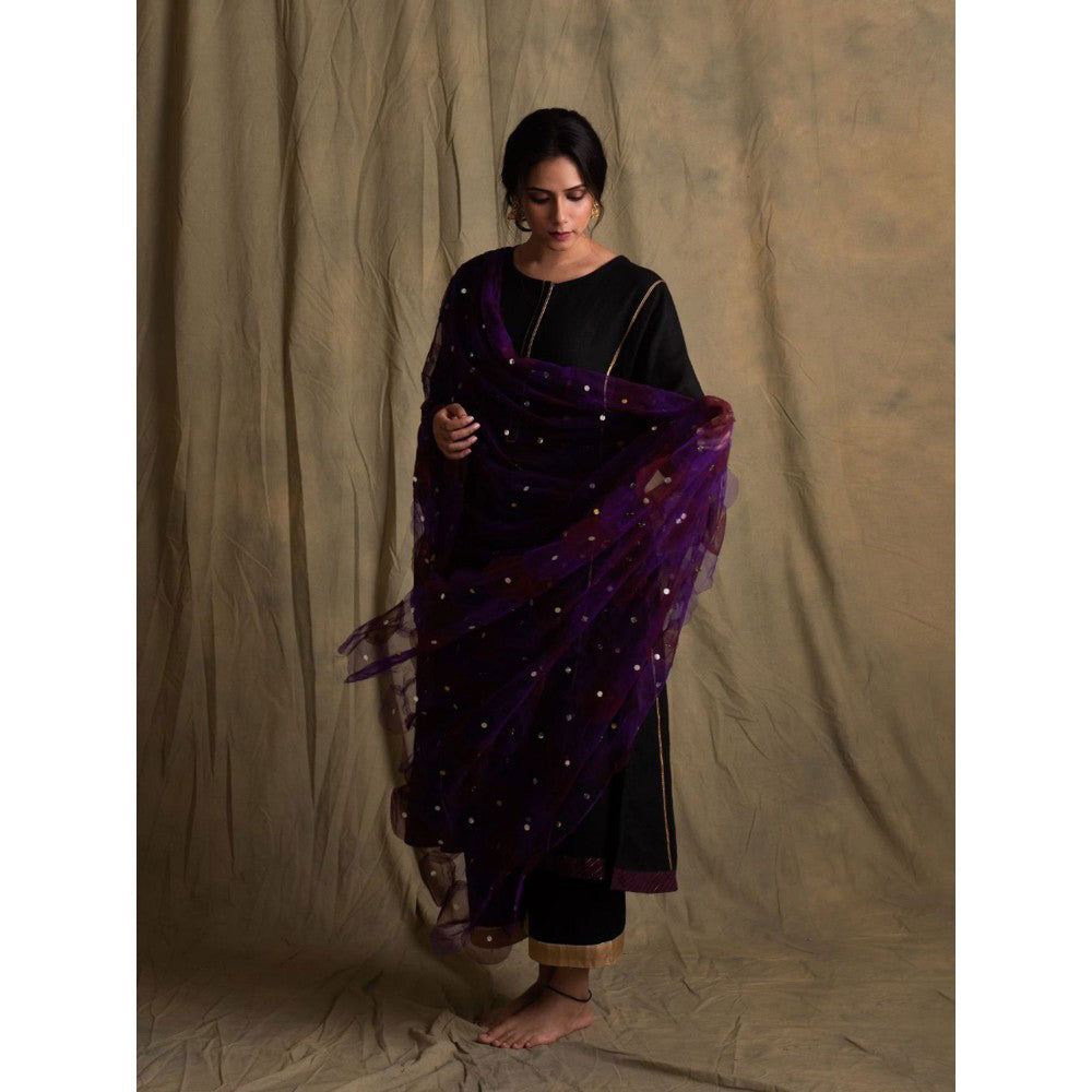 PRIYANKA RAAJIV Aanya Black Linen Flowy Kurta with Palazzo (Set of 3)