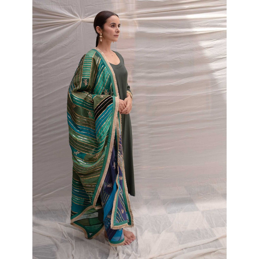 PRIYANKA RAAJIV Meenakshi Green and Blue Patchwork Dupatta
