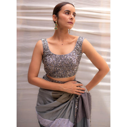 PRIYANKA RAAJIV Mahima Grey Patchwork Saree with Unstitched Blouse