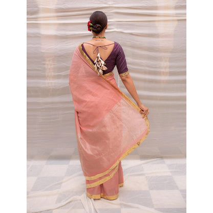 PRIYANKA RAAJIV Nandini Pink Chanderi Tissue Saree with Unstitched Blouse