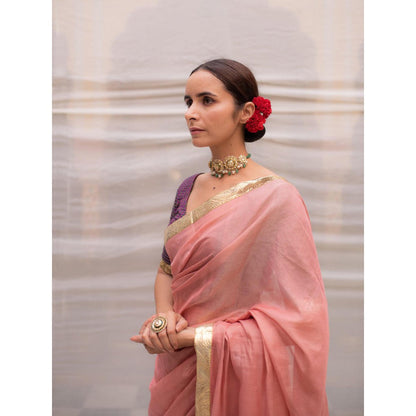 PRIYANKA RAAJIV Nandini Pink Chanderi Tissue Saree with Unstitched Blouse
