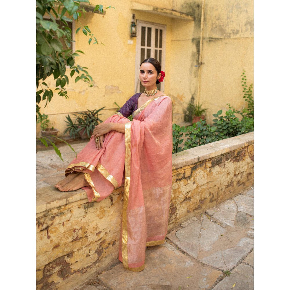 PRIYANKA RAAJIV Nandini Pink Chanderi Tissue Saree with Unstitched Blouse