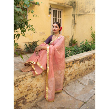 PRIYANKA RAAJIV Nandini Pink Chanderi Tissue Saree with Unstitched Blouse