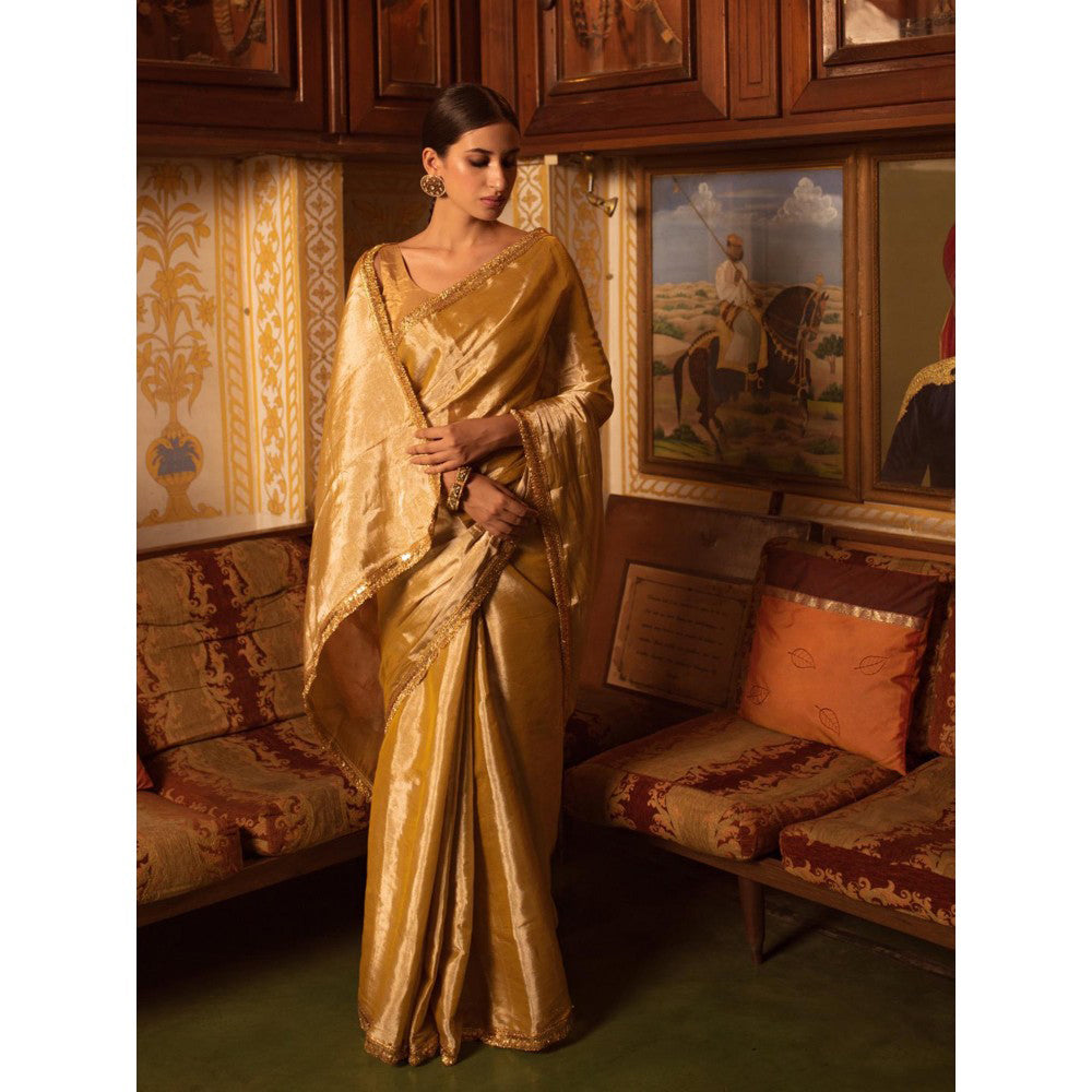 PRIYANKA RAAJIV Bhuvaneshwari Beige Chanderi Tissue Saree with Unstitched Blouse