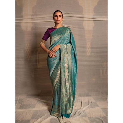 PRIYANKA RAAJIV Jaishree Teal Silk Georgette Saree with All Over with Unstitched Blouse