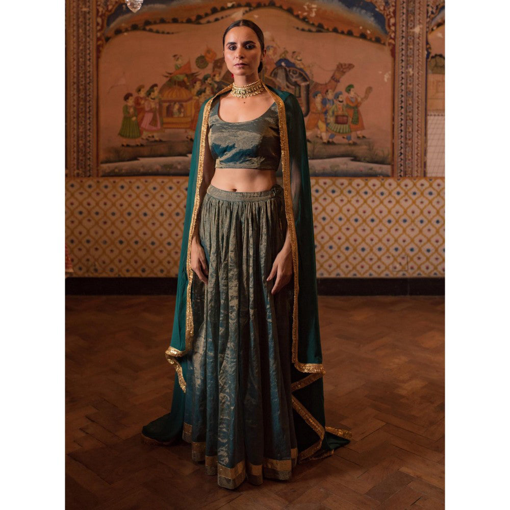 PRIYANKA RAAJIV Pramsu Teal Chanderi Lehenga (Set of 3)
