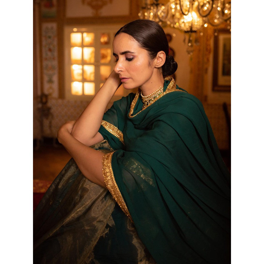 PRIYANKA RAAJIV Pramsu Teal Chanderi Lehenga (Set of 3)