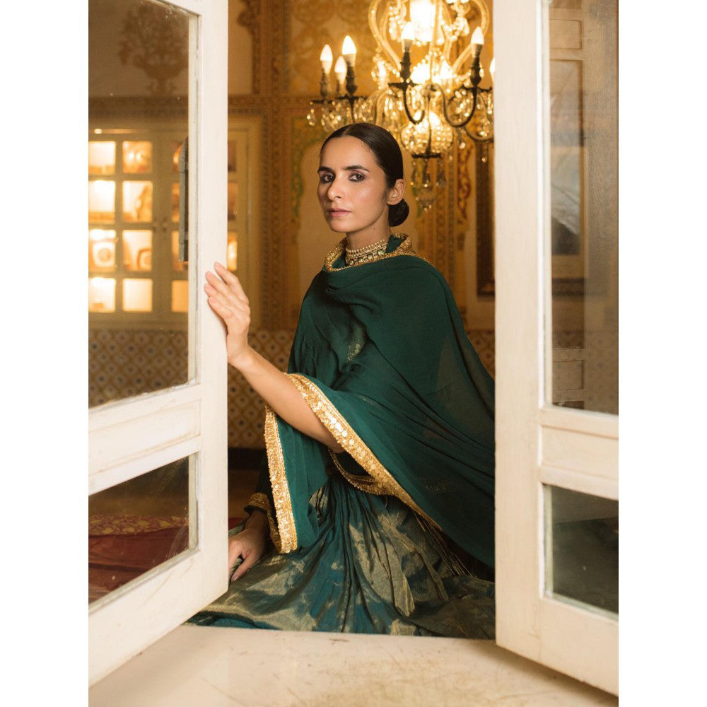 PRIYANKA RAAJIV Pramsu Teal Chanderi Lehenga (Set of 3)