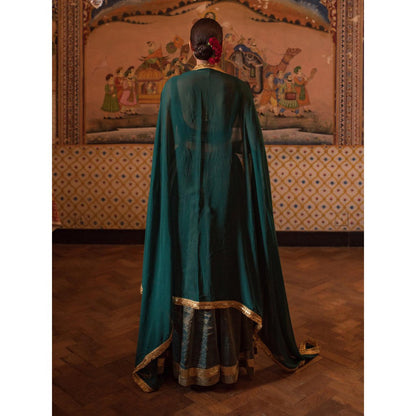 PRIYANKA RAAJIV Pramsu Teal Chanderi Lehenga (Set of 3)