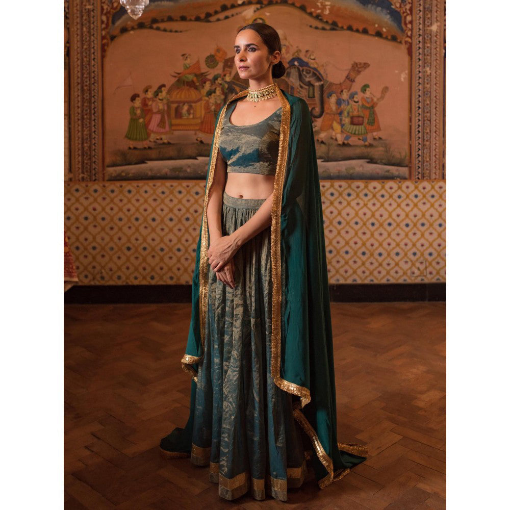 PRIYANKA RAAJIV Pramsu Teal Chanderi Lehenga (Set of 3)
