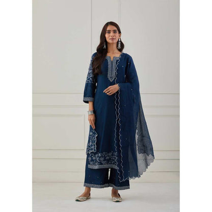 Priya Chaudhary Blue Scalloped Embroidered Chanderi Dupatta