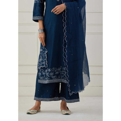 Priya Chaudhary Blue Scalloped Embroidered Chanderi Dupatta