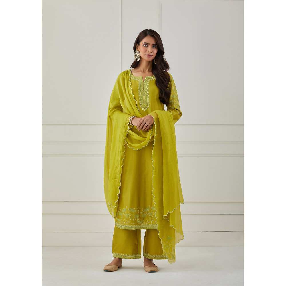Priya Chaudhary Lime Green Embroidered Chanderi Silk Kurta