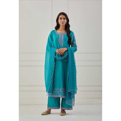 Priya Chaudhary Turquoise Embroidered Chanderi Silk Pants