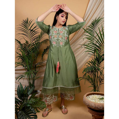Priya Chaudhary Olive Embroidered Kurta and Palazzo with Dupatta (Set of 3)