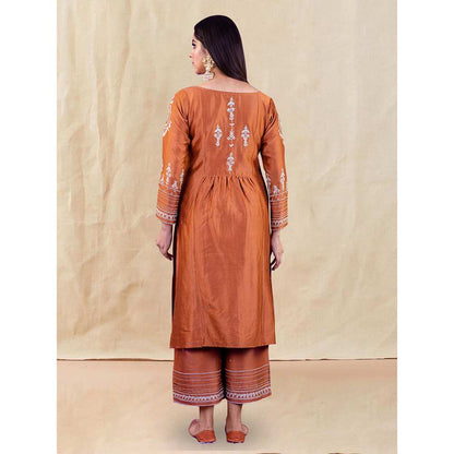 Priya Chaudhary Brown Embroidered Kurta and Palazzo with Dupatta (Set of 3)