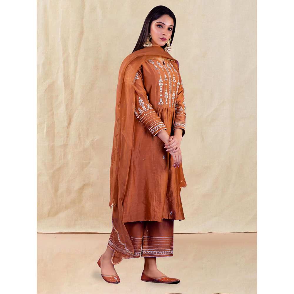 Priya Chaudhary Brown Embroidered Kurta and Palazzo (Set of 2)