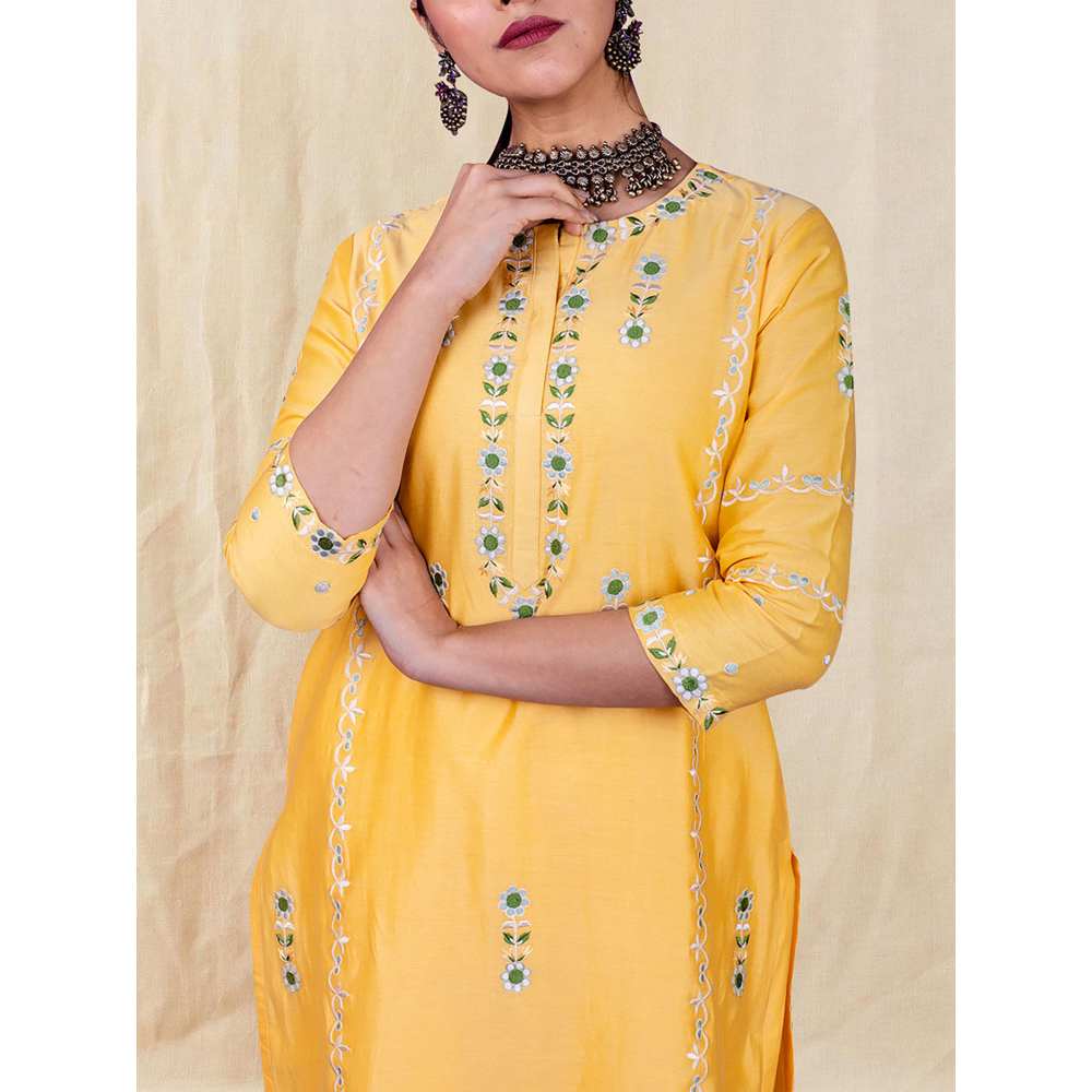 Priya Chaudhary Yellow Embroidered Kurta and Palazzo with Dupatta (Set of 3)