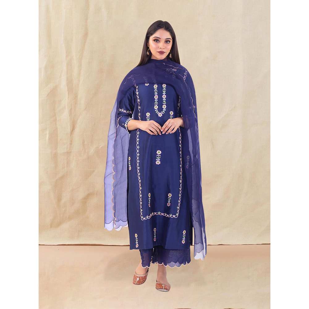 Priya Chaudhary Blue Embroidered Kurta and Palazzo with Dupatta (Set of 3)