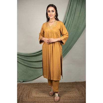 Priya Chaudhary Mustard Sequined Kurta and Pant with Dupatta (Set of 3)