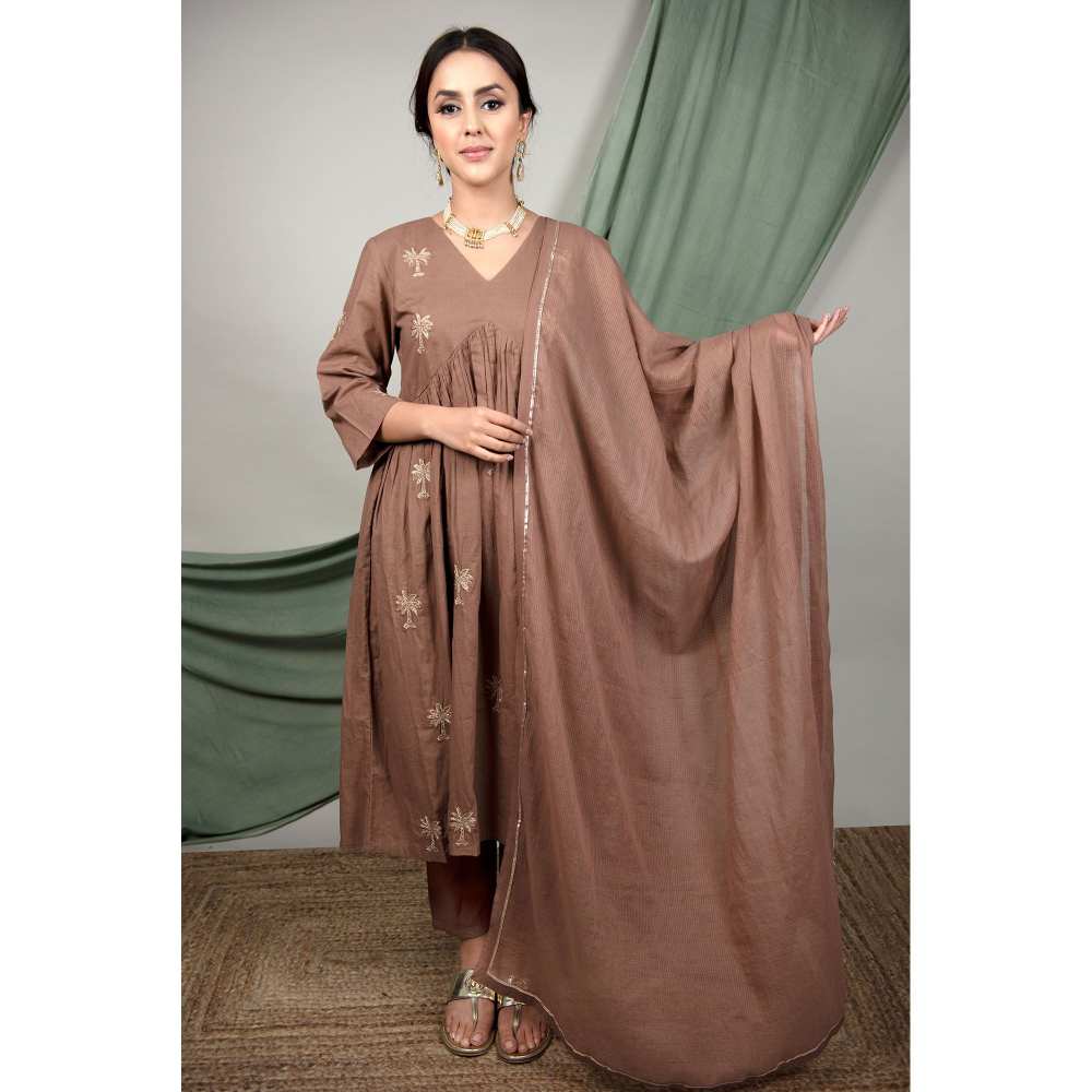 Priya Chaudhary Brown Embroidered Kurta and Pant with Dupatta (Set of 3)