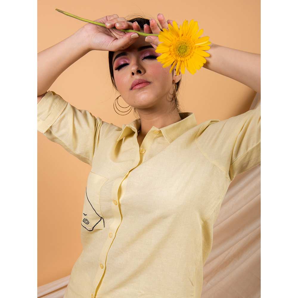 Priya Chaudhary Yellow Cotton Linen Face Story Shirt With White Pant  (Set of 2)