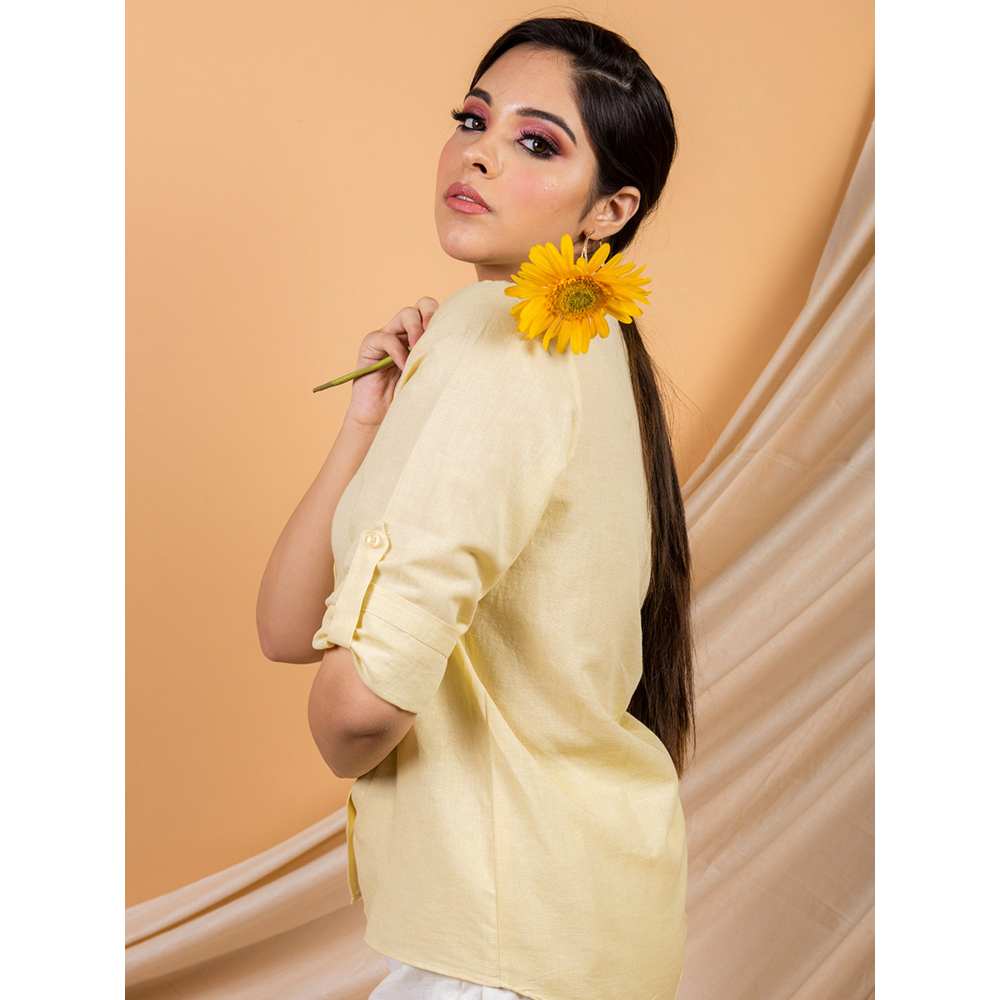 Priya Chaudhary Yellow Cotton Linen Face Story Shirt With White Pant  (Set of 2)