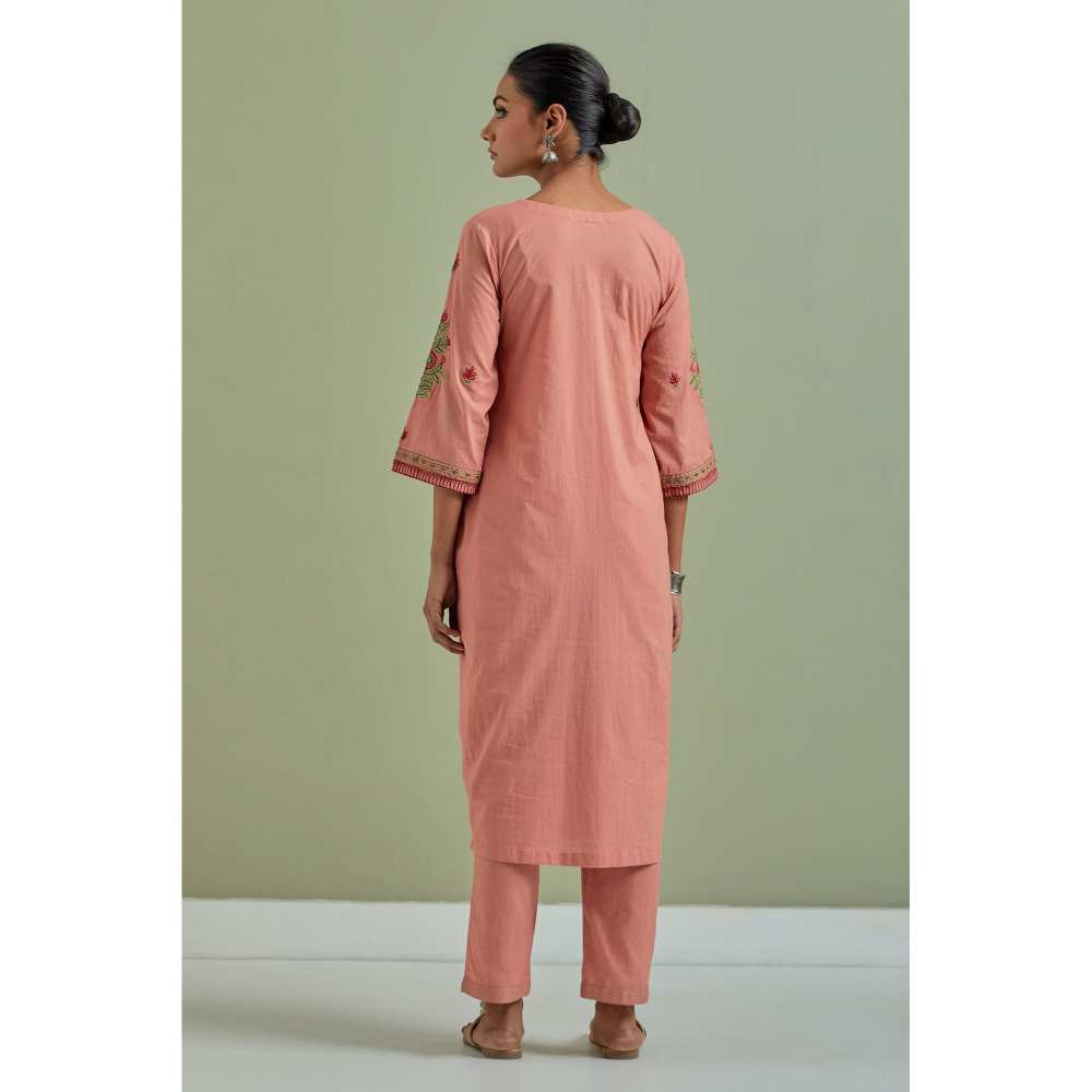 Priya Chaudhary Cotton Embroidered Peach Kurta with Pant (Set of 2)