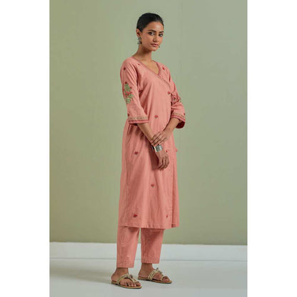 Priya Chaudhary Cotton Embroidered Peach Kurta with Pant (Set of 2)