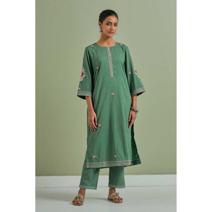 Priya Chaudhary Cotton Embroidered Green Kurta with Pant (Set of 2)